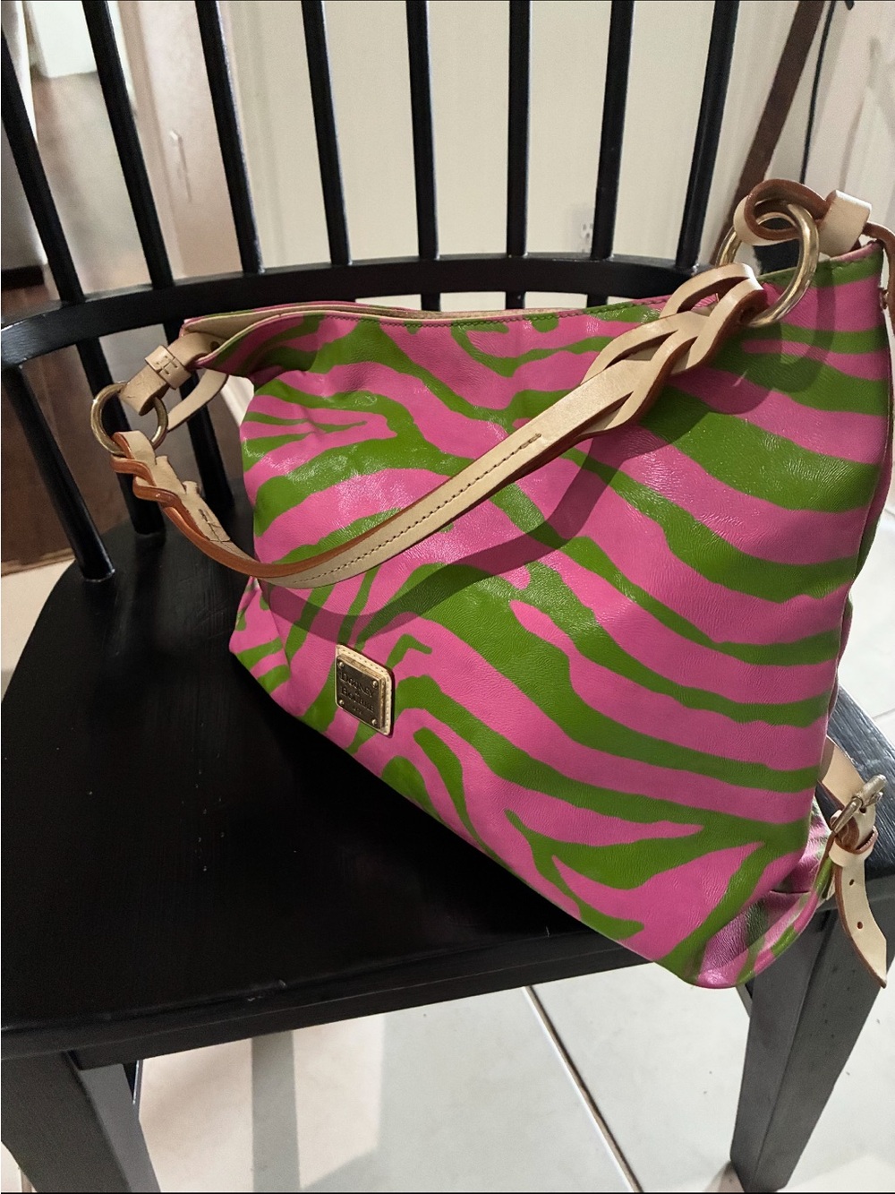 Dooney & Bourke Pink and Green Zebra Print Shoulder Bag with Tan Strap - Picture 4 of 6